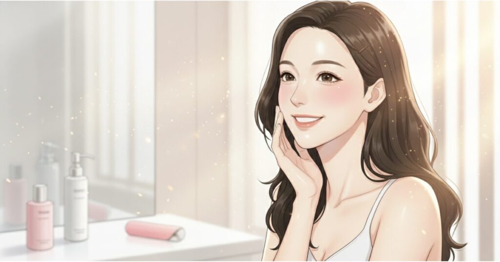 EMSで肌がキュッと引き締まり喜ぶ女性。