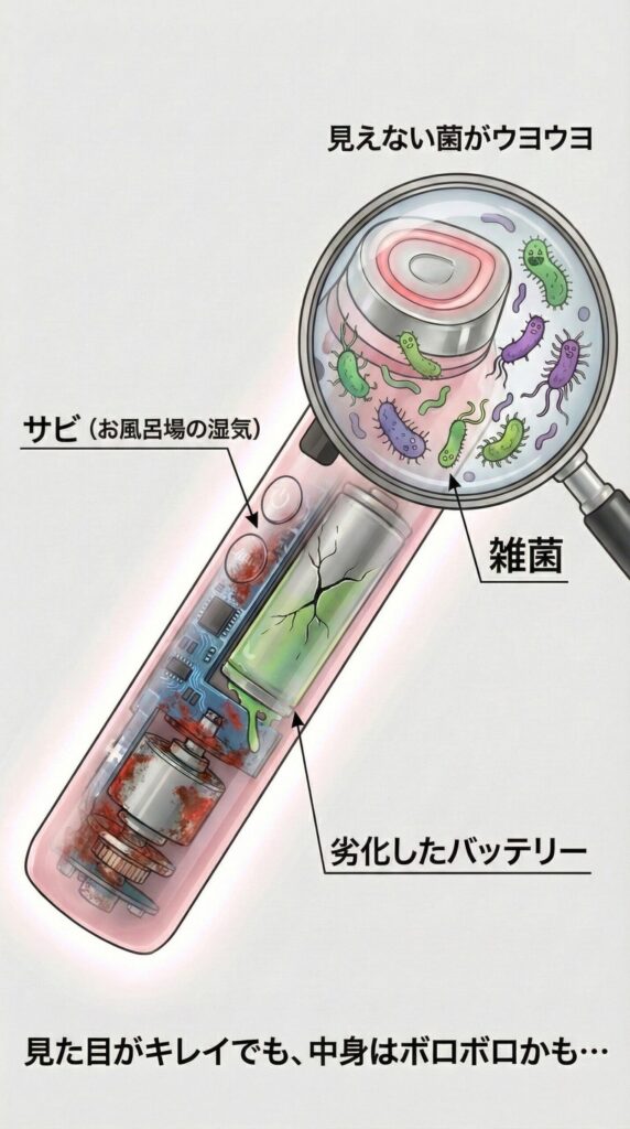 中古美顔器の内部リスク（サビ、バッテリー劣化、菌）のイラスト