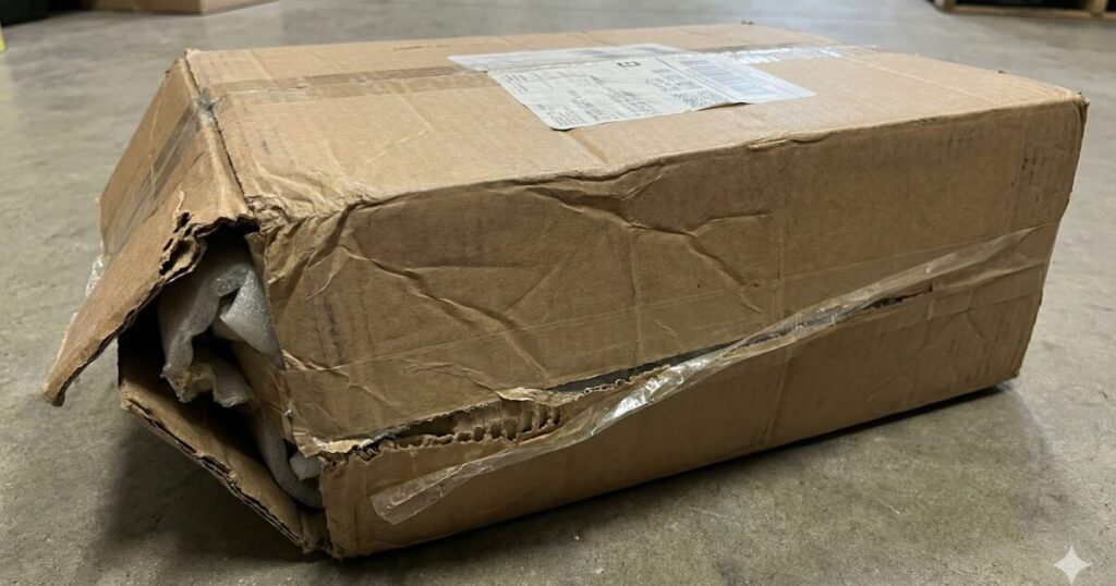 角が大きく潰れたダンボール箱