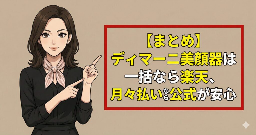 【まとめ】ディマーニ美顔器は一括なら楽天、月々払いなら公式が安心
