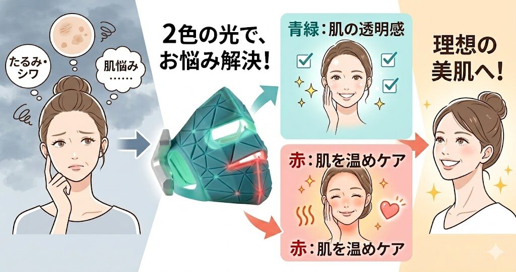 青緑と赤の2色の光(LED)が肌の調子を整えるから