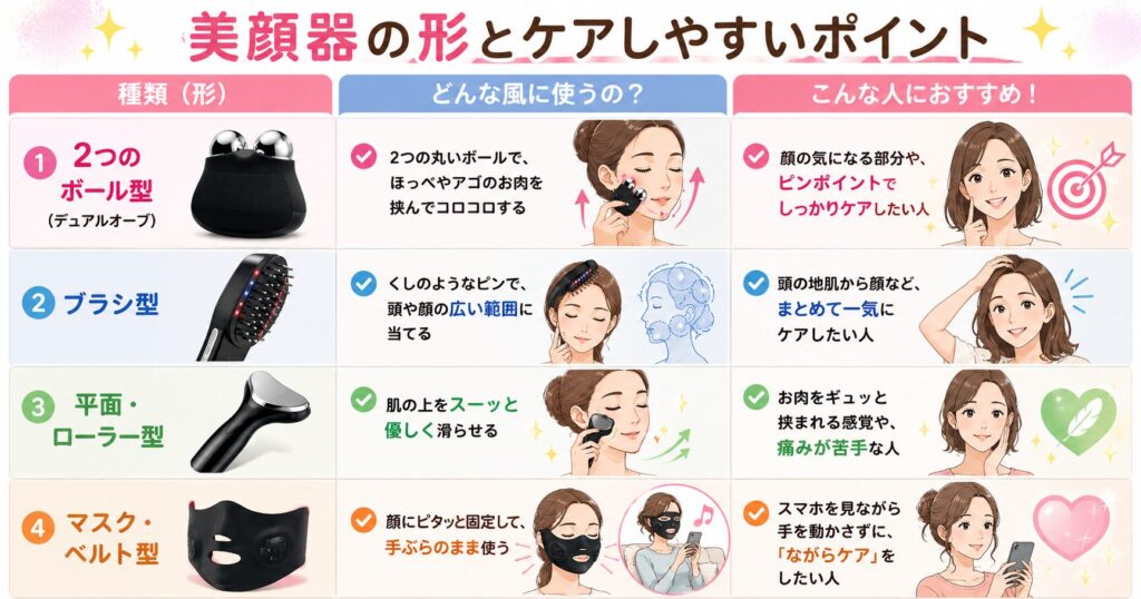 美顔器の形4種類とケアしやすい部位の比較