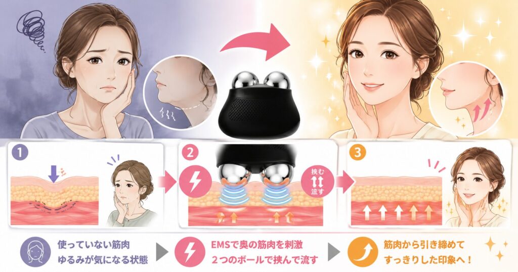 EMSと2つの球体で顔の筋肉にアプローチする仕組み