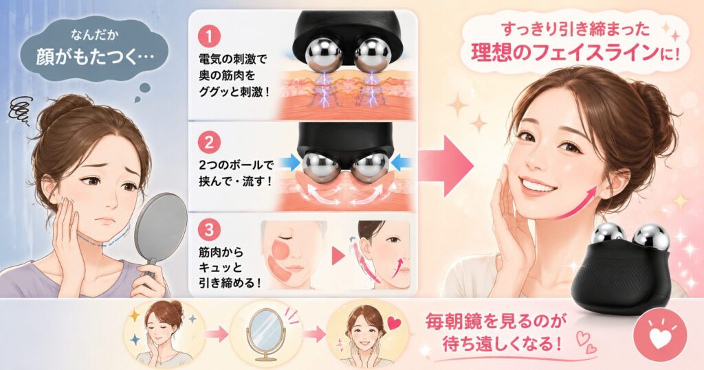 EMSで筋肉を刺激し2つの球体で挟んで流す仕組み