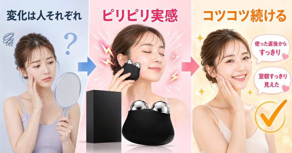 効果の感じ方には個人差がありピリピリ感もあるが継続が大切
