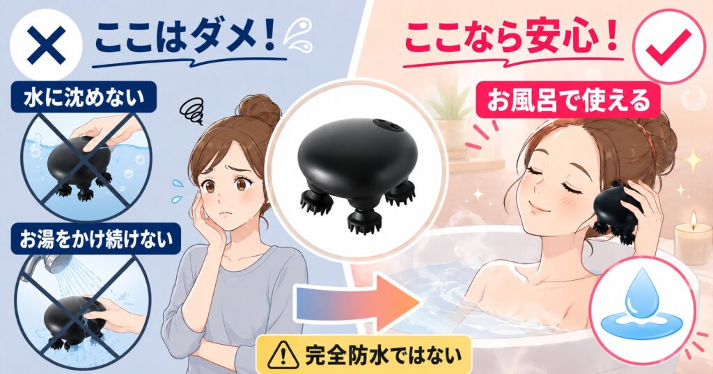 DISMプロヘッドデバイスを水に沈めたり熱湯をかけずお風呂で使う注意点の画像