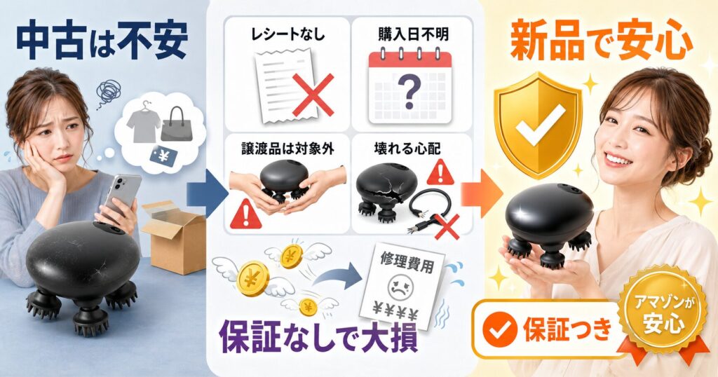 中古品はレシートや保証がなく修理費用のリスクがあるため新品購入をすすめる画像