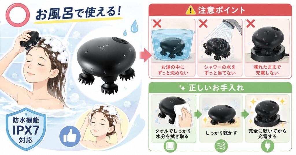 IPX7対応のDISMプロヘッドデバイスをお風呂で使う際の注意点と正しい手入れ方法の画像