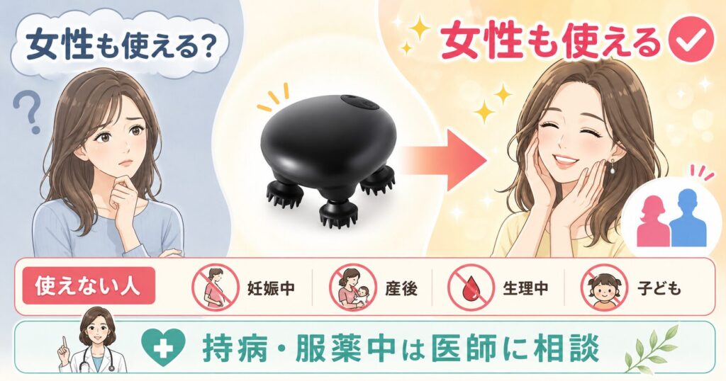 DISMプロヘッドデバイスは女性も使えるが妊娠中・産後・生理中・子どもは使えないことを示す画像