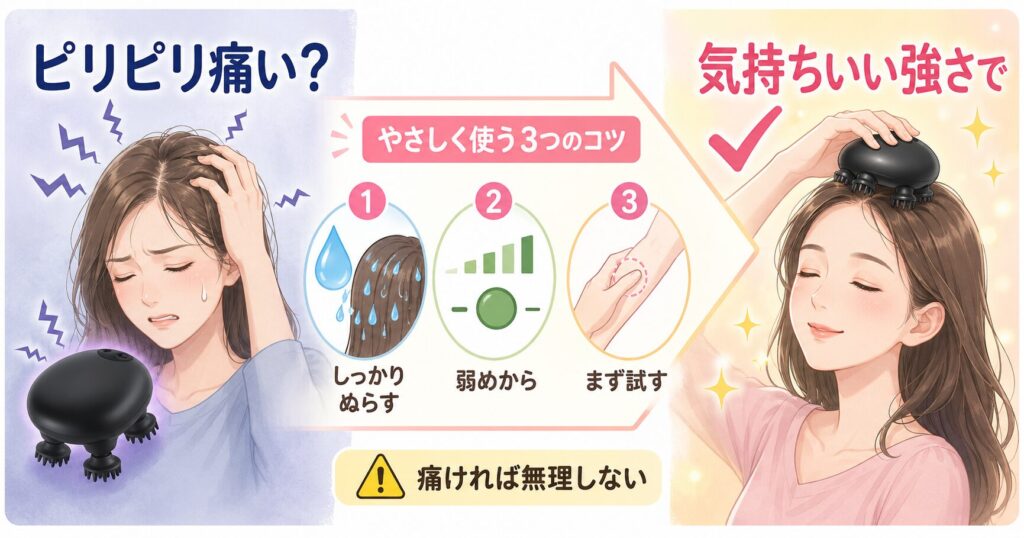 頭皮への刺激が痛いときにしっかり濡らし弱いレベルから試すコツを示す画像