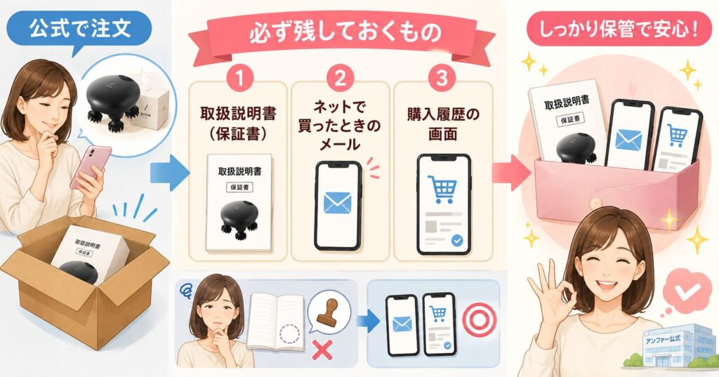 メーカー保証のため取扱説明書・注文メール・購入履歴を残すよう案内する画像