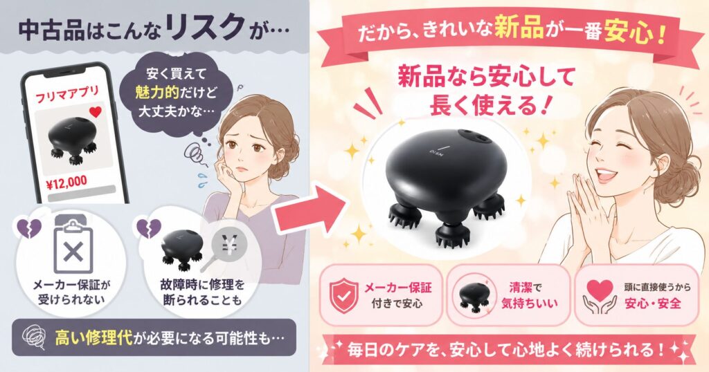 中古品の保証なし・故障・高い修理代のリスクと新品購入の安心感を比較する画像