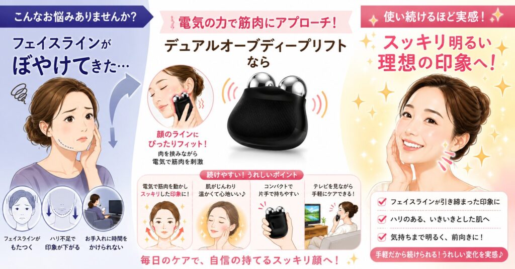 デュアルオーブディープリフトのスッキリした印象やフェイスラインケアの良い口コミをまとめた画像