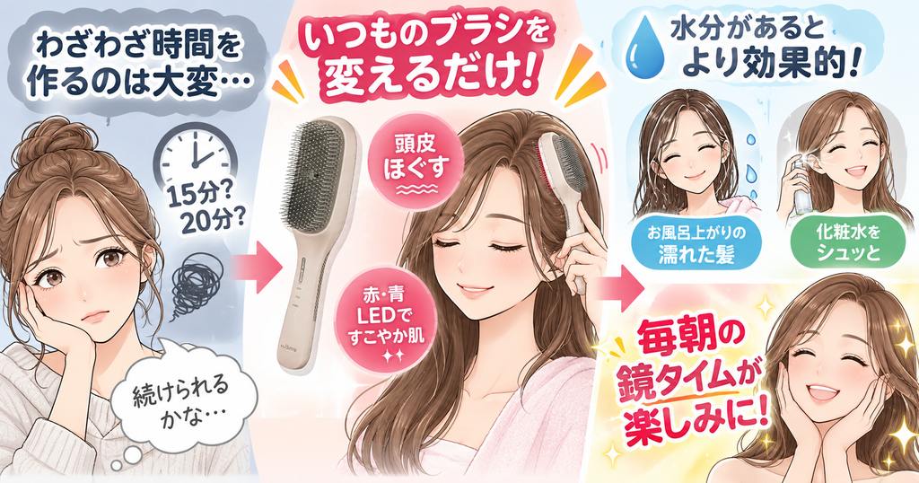 ラサーナEMSブラシを濡れた髪や保湿後の肌に使う様子