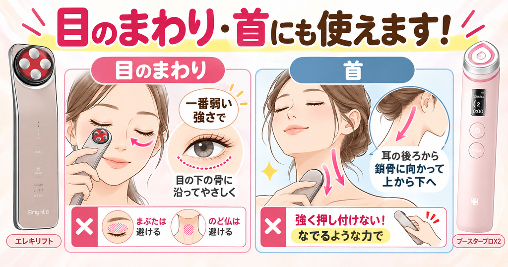 エレキリフトとブースタープロX2の目元・首ケアの使用部位と動かし方