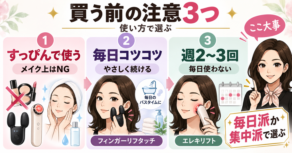 美顔器の注意点3つ｜素肌で使う・リフタッチは毎日・エレキリフトは週2〜3回