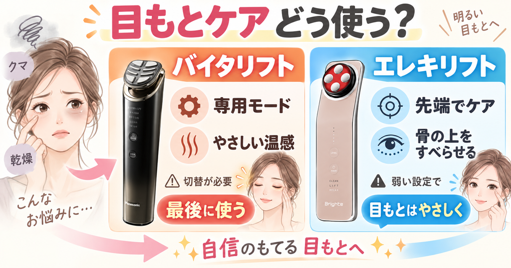 目もとケアの違い｜バイタリフトは専用モード、エレキリフトは先端を使う
