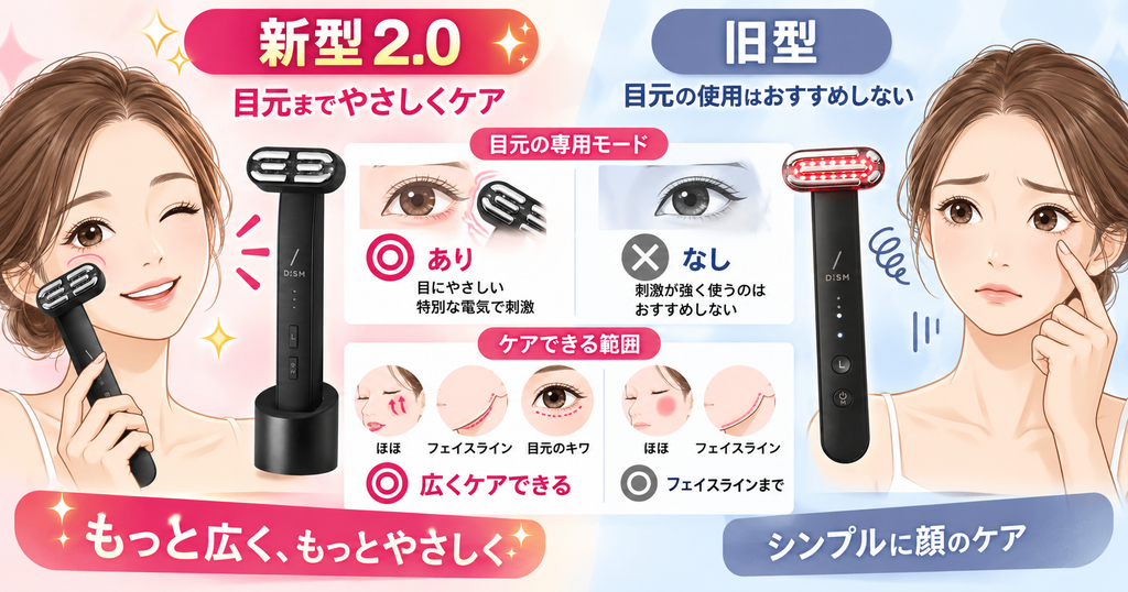 DISM美顔器2.0と旧型の目元ケア範囲を比較