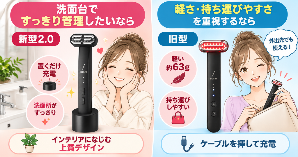 DISM美顔器の選び方|置くだけ充電は新型、軽さは旧型