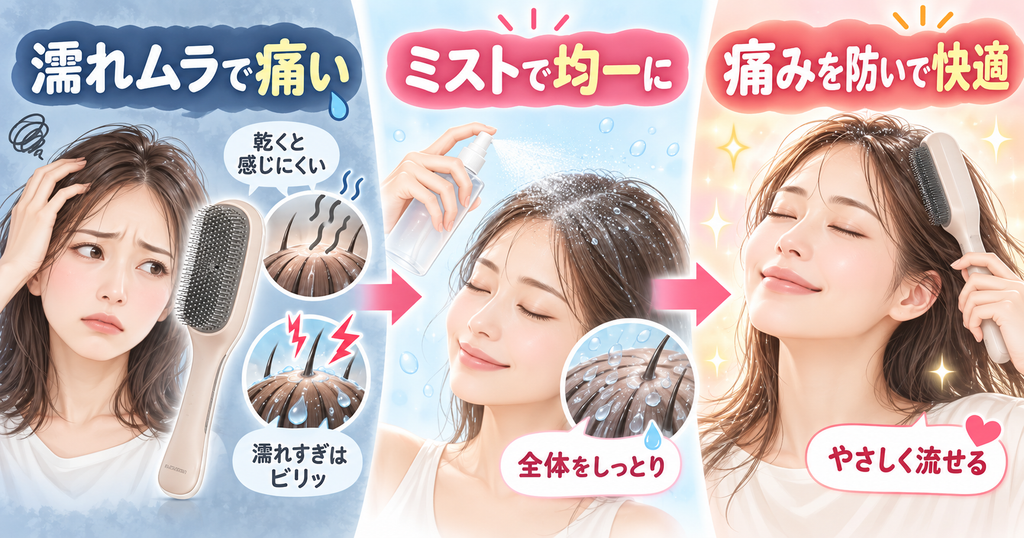 ラサーナEMSブラシの使い方｜ミストで均一に湿らせる
