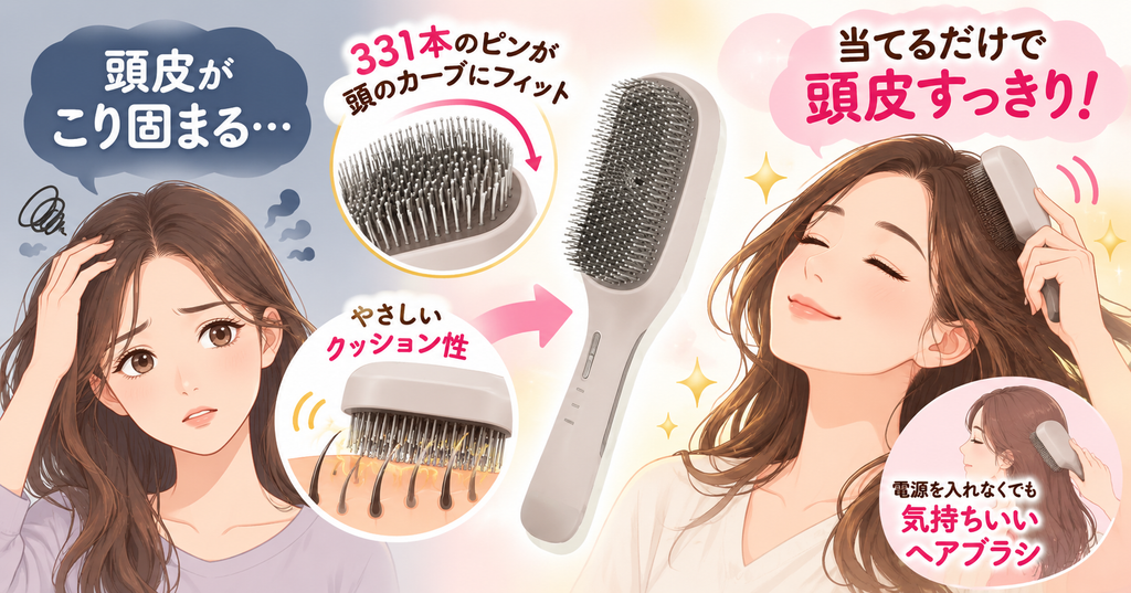 ラサーナEMSブラシの331本のピンが頭のカーブに沿う