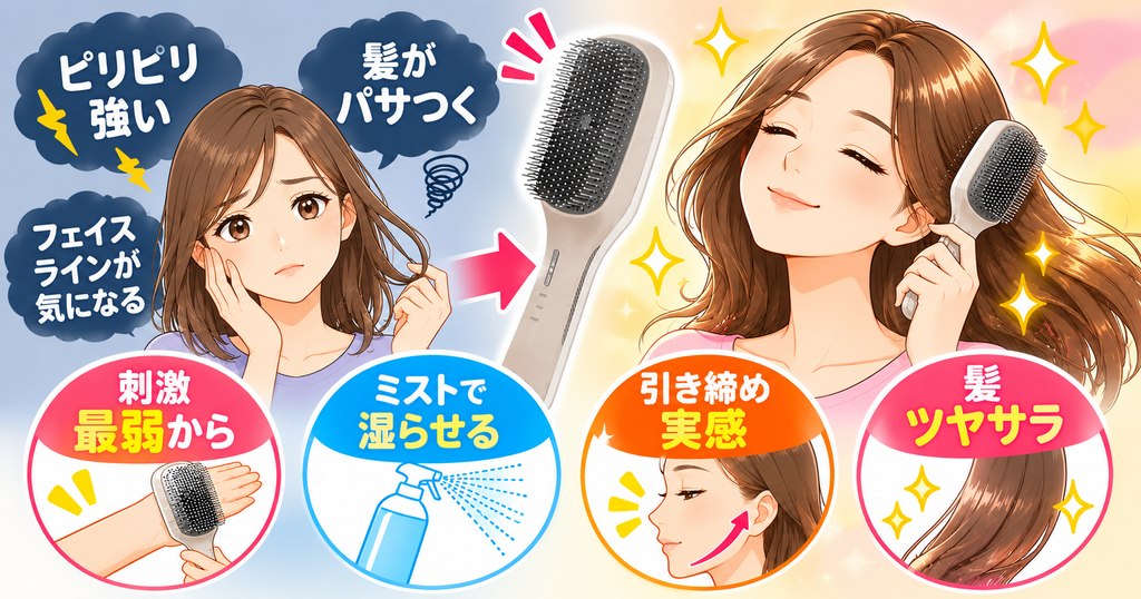 ラサーナEMSブラシは最弱設定とミストで頭皮・顔・髪をケア