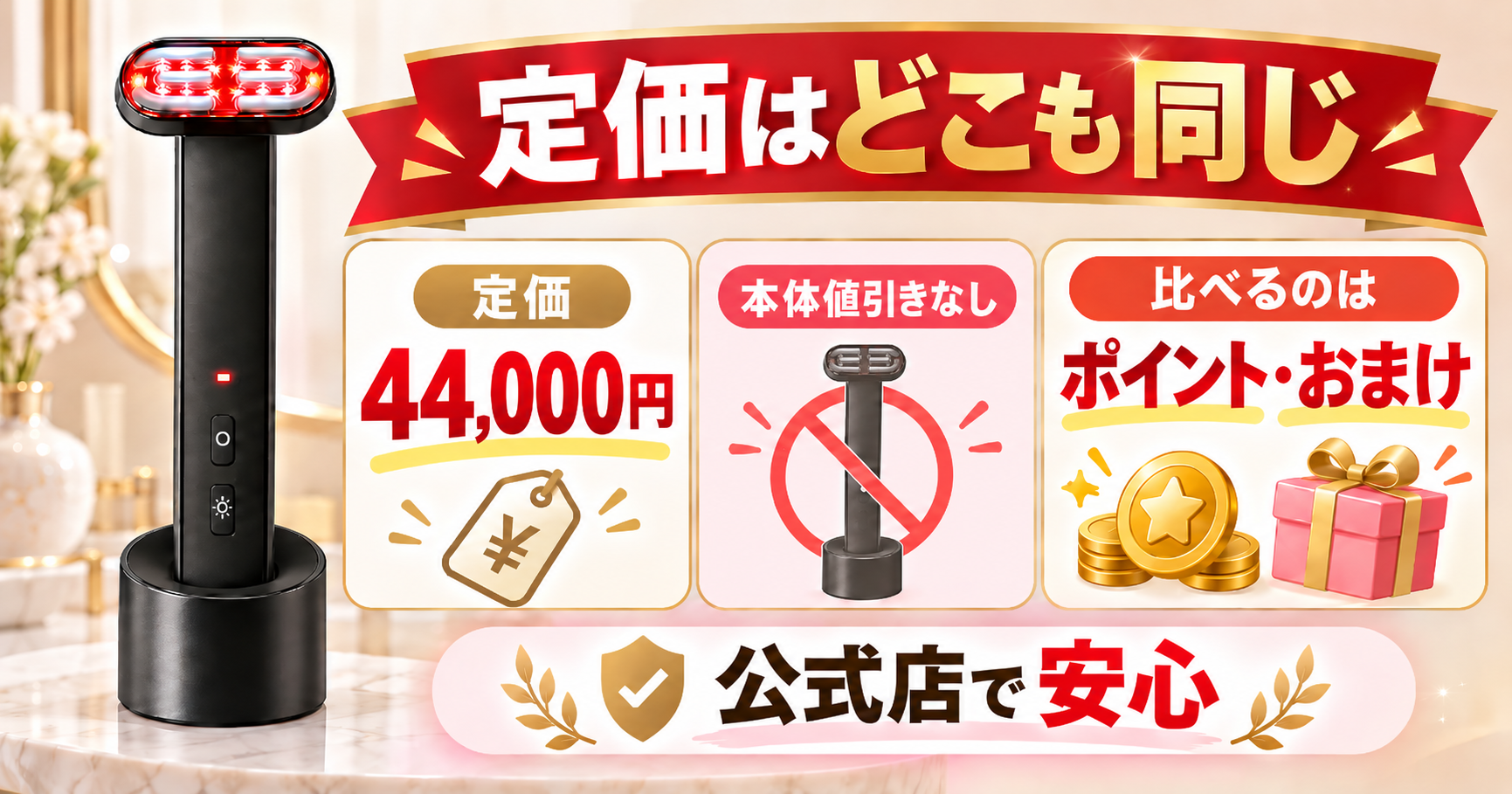 ディズム美顔器2.0の定価44000円とポイントや特典を比べる解説図