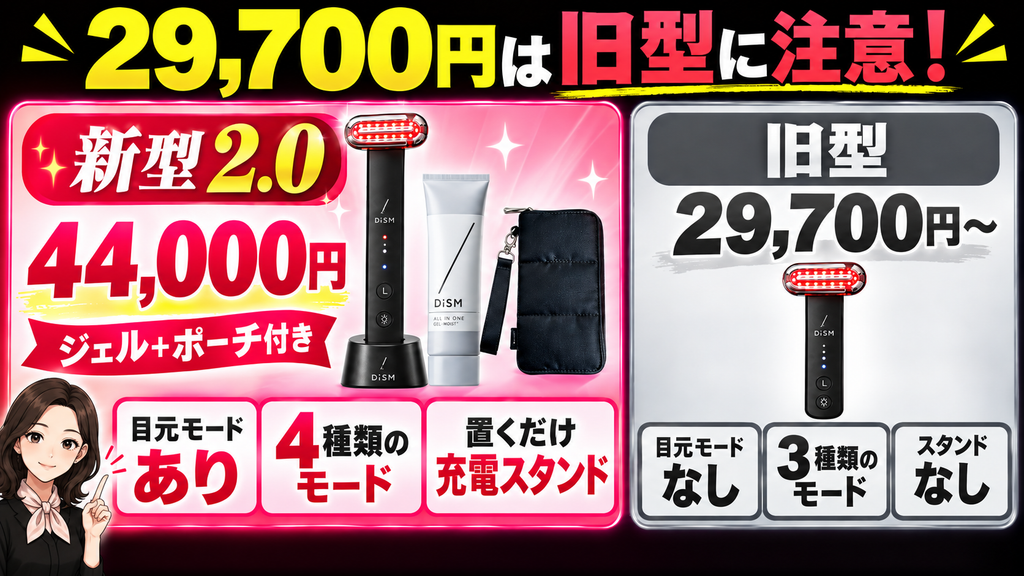 ディズム美顔器2.0と旧型の価格と目元モードと充電スタンドの比較図