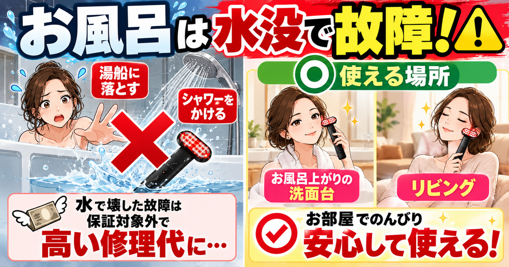 ディズム美顔器2.0の水没を避けて洗面台や室内で使うための注意図