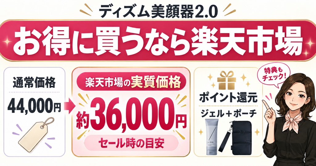 ディズム美顔器2.0の最安値を狙う楽天の実質価格と定価44000円の比較図解
