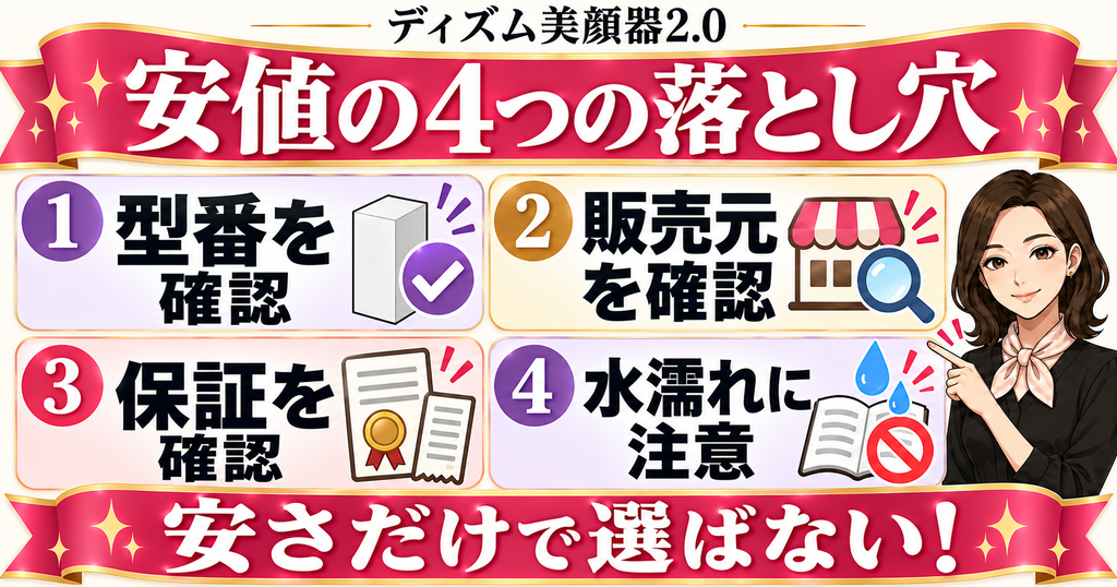 ディズム美顔器2.0の最安値探しで型番と販売元と保証と水濡れを確認する4項目の解説図