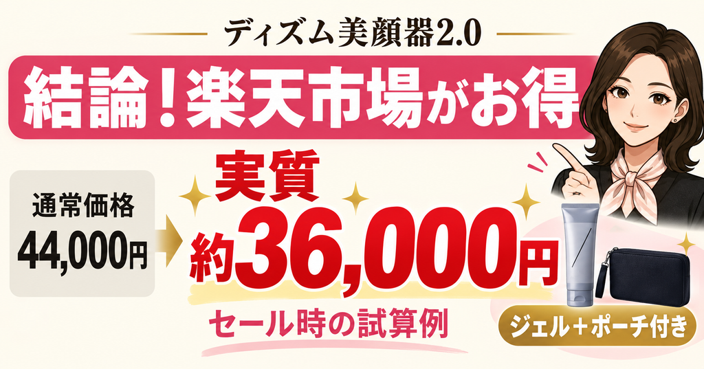 ディズム美顔器2.0の最安値を狙う楽天セールで実質約36000円になる試算例の比較図解
