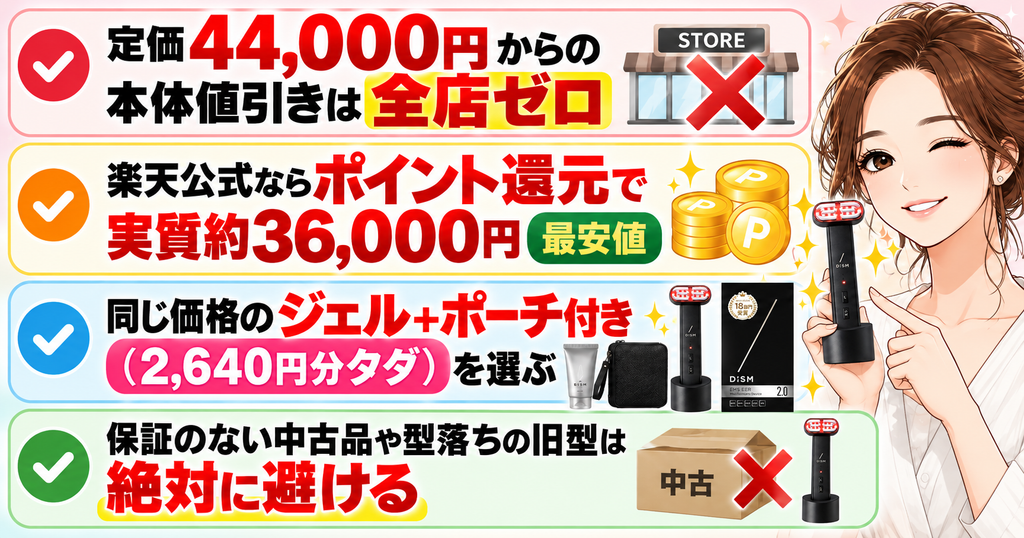 ディズム美顔器2.0の実質価格と無料特典と購入時の注意点のまとめ図